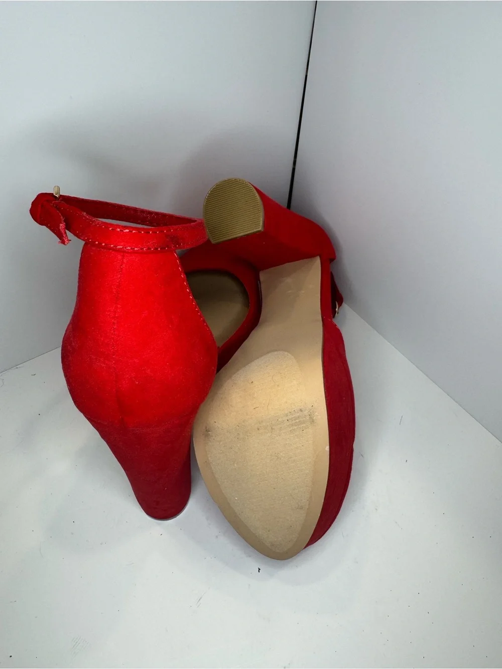 Red Suede Platform Ankle-Strap Heels